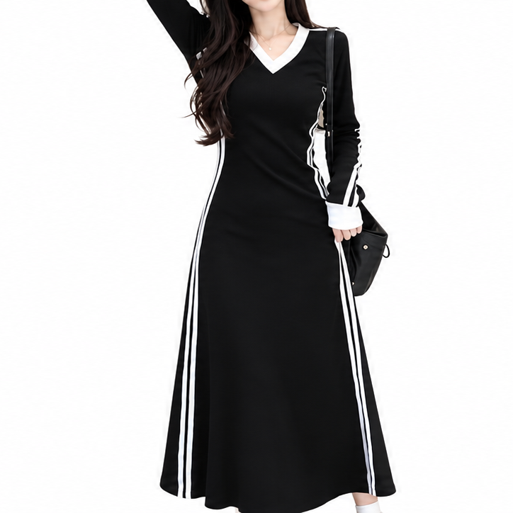 여성 데이트룩 브이넥 슬림 긴팔 A라인 롱원피스