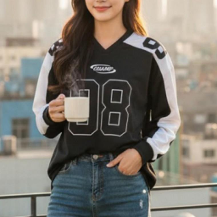 남녀공용 배색 하키 긴팔 티셔츠 상의 캐주얼코튼긴팔티셔츠