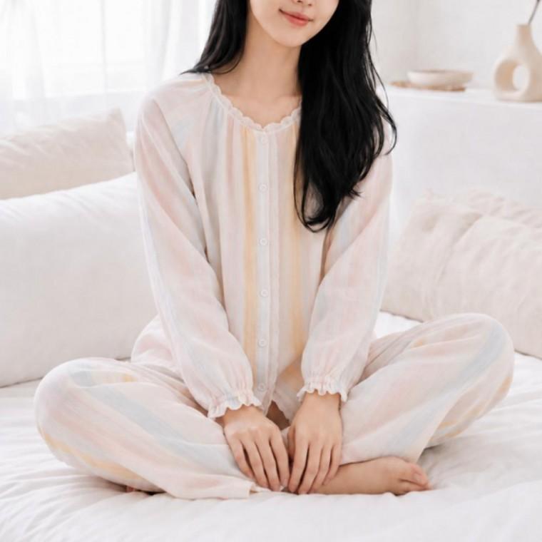 여성 레이스 노카라 무지개 긴팔 파자마 세트 가을 봄 코튼 가을 봄 여성잠옷