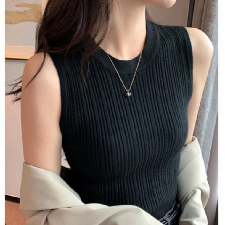 여성 슬림 라운드넥 골지 민소매 나시티 상의골지라운드넥티셔츠