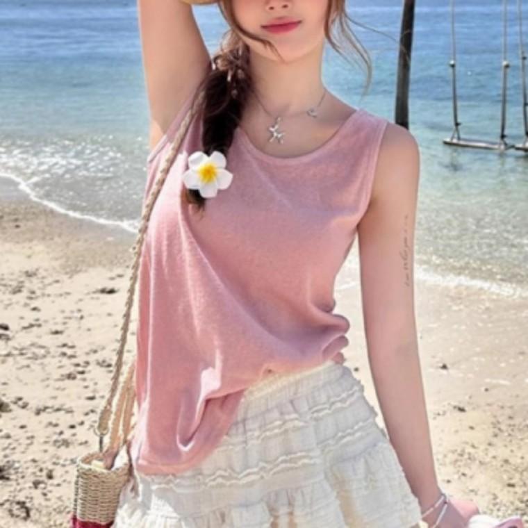 여성 스트릿 무지 라운드넥 민소매 나시티코튼라운드넥티셔츠