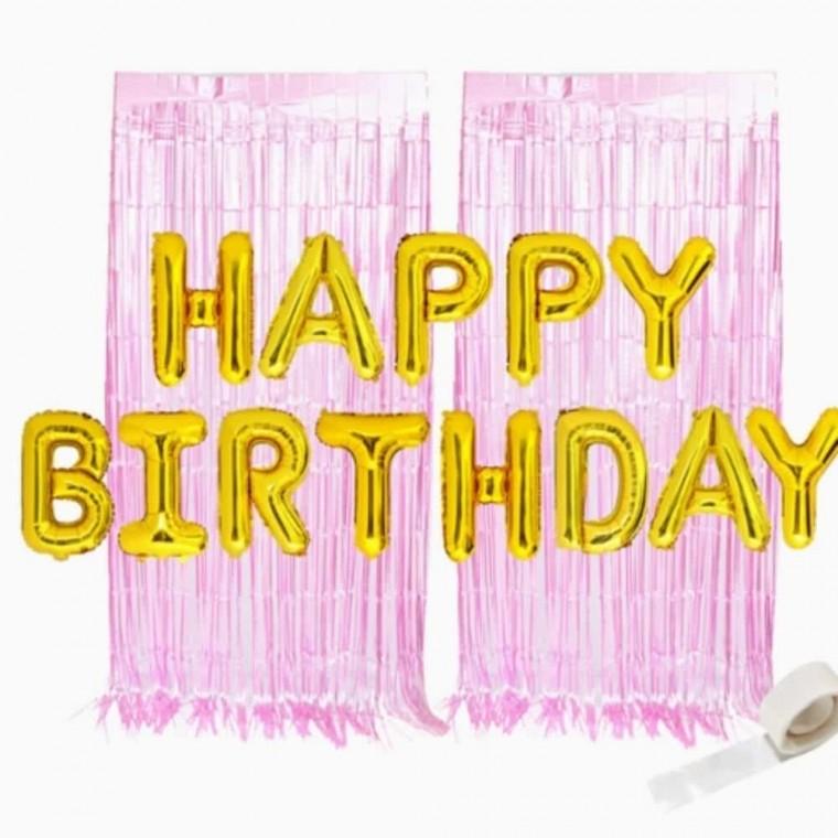 풍선데코 생일 골드 은박 풍선 메탈 핑크 커튼 세트