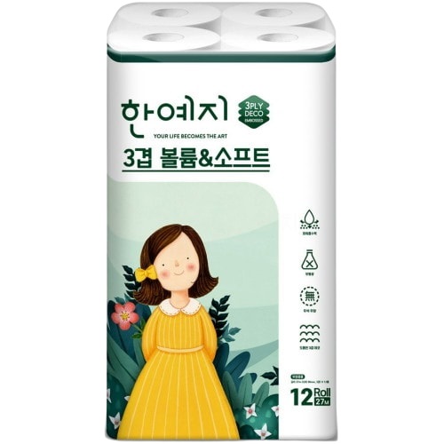 한예지 볼륨앤소프트 천연펄프 3겹 27M 12롤 (1팩)