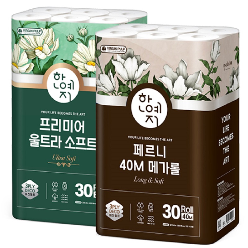 [3040] 한예지 메가롤 3겹 40M 1팩+울트라소프트 3겹 30M 1팩 (총 2팩)