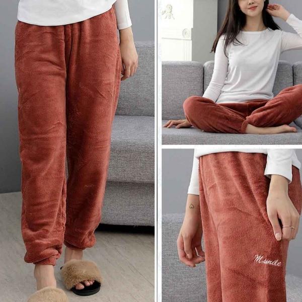 여성용 겨울 극세사 잠옷 수면바지 버건디