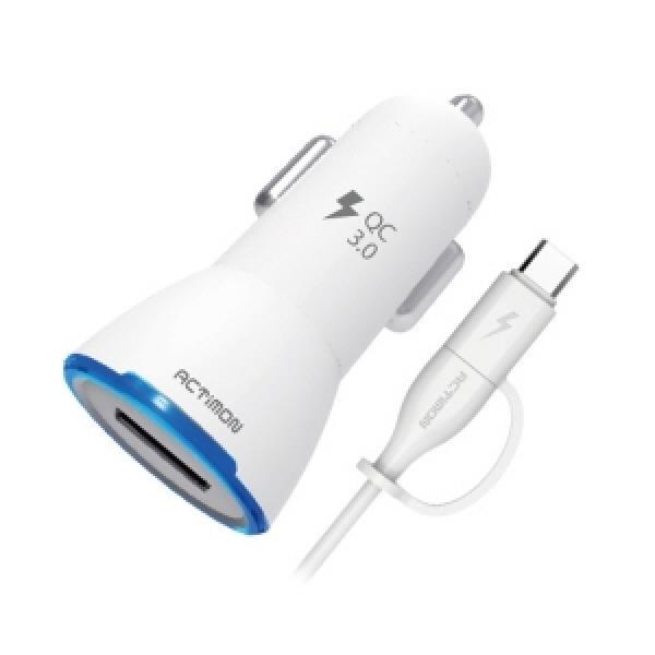 [엑티몬]USB1포트 급속 차량용충전기 QC3.0 (5핀/C타입 듀얼케이블포함)