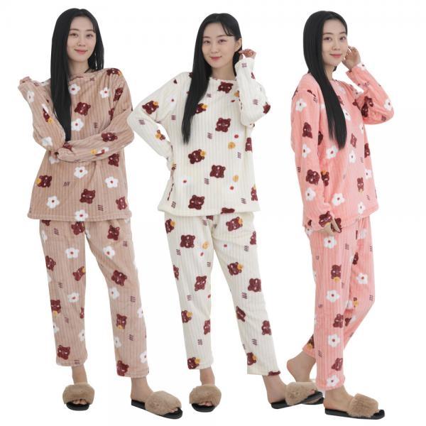여성 골지 수면 병아리 잠옷 세트 겨울 스판 주니어 학생 밍크 캐릭터 부드러운 실내복 파자마 홈웨어