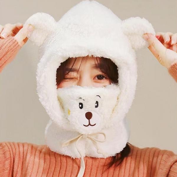 큐트베어 얼굴목 보온 겨울모자 기모 털모자 (화이트)
