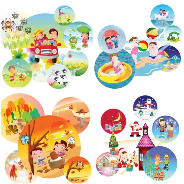 계절 스티커 봄 여름 가을 겨울 원형 스티커 5매입