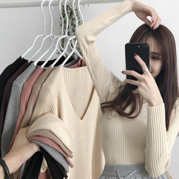 골지 니트 브이넥 슬림핏 가을겨울 무지 긴팔티