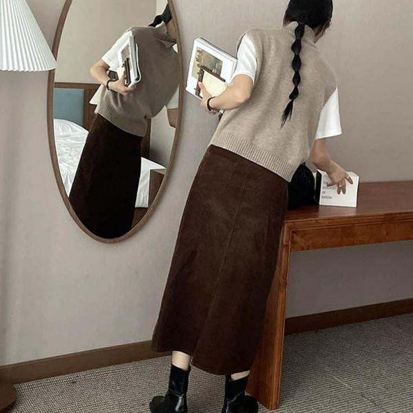 캐주얼 슬림핏 날씬 겨울 벨벳 트임 골덴 롱 스커트