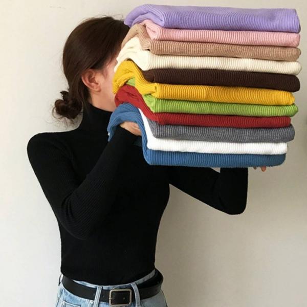 여성 목폴라 터틀넥 골지티  캐주얼룩 여성 목티셔츠 반목 가을 겨울