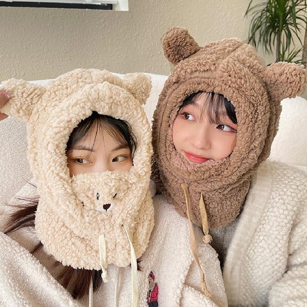 겨울 방한 보온 베어 후리스 후드 넥워머 모자 털 머플러