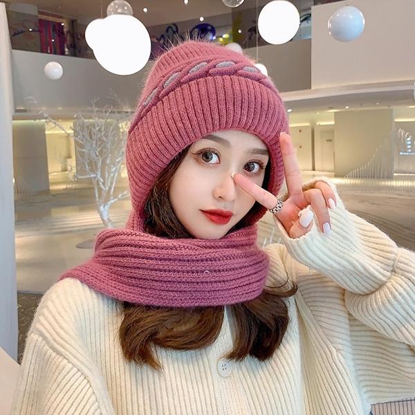 겨울 방한 목도리 일체형 모자 니트 기모 목도리 털모자(퍼플)