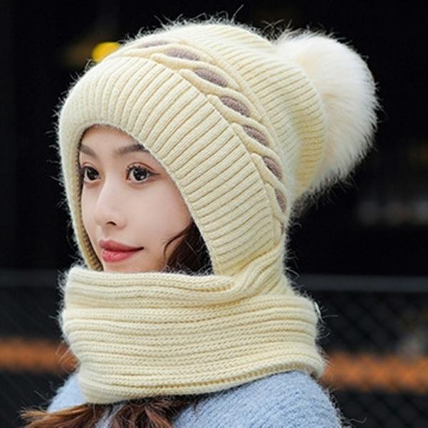 겨울 방한 목도리 일체형 모자 니트 기모 목도리 털모자(베이지)