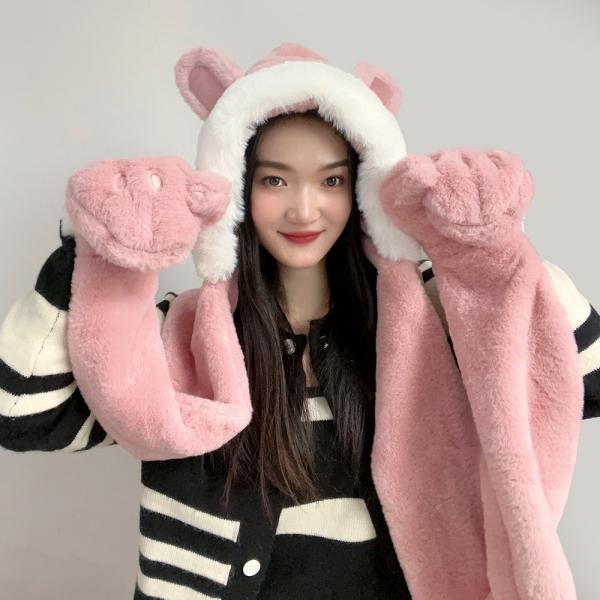 따순토끼 겨울 일체형 후드 머플러(핑크)