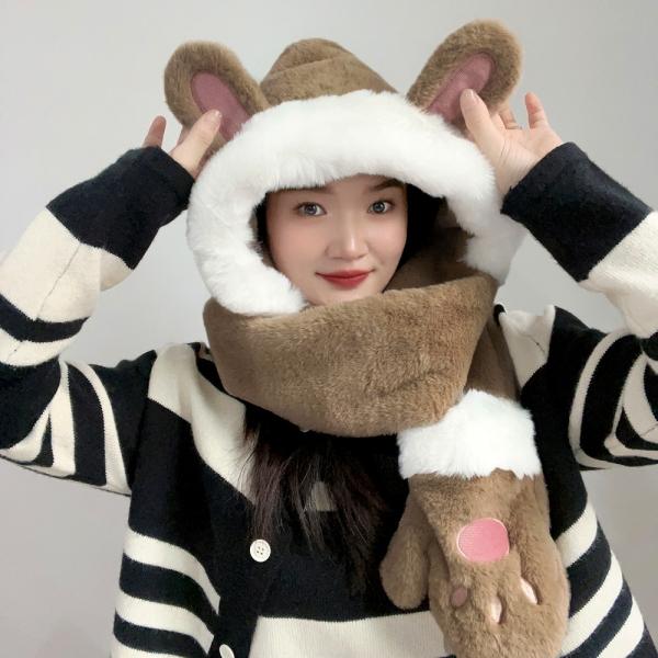 따순토끼 일체형 겨울 후드 머플러(브라운)