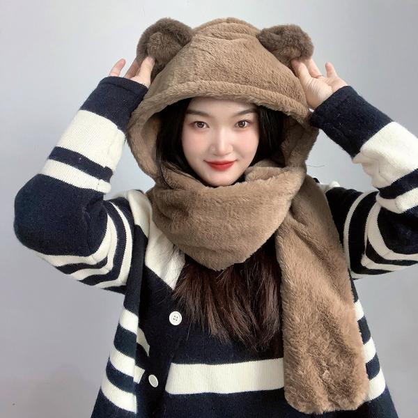 큐티베어 겨울 일체형 후드 머플러(브라운)