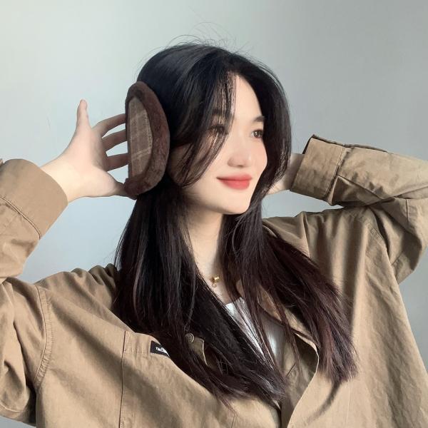 체크패턴 방한 겨울 귀마개(브라운)