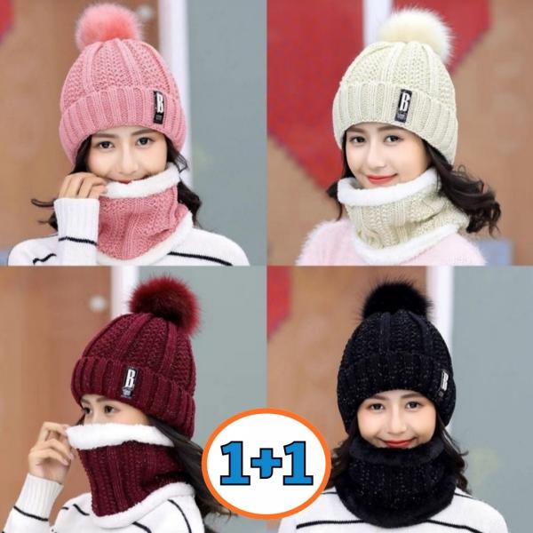 1+1 여성 겨울 기모 넥워머 방울 털모자 목도리 모자