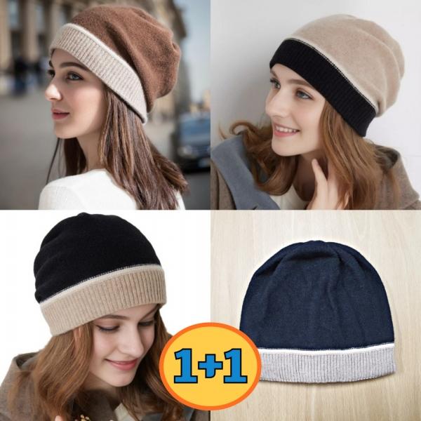 1+1 여자 겨울 패셔너블 비니 두건모자 배색 비니 모자