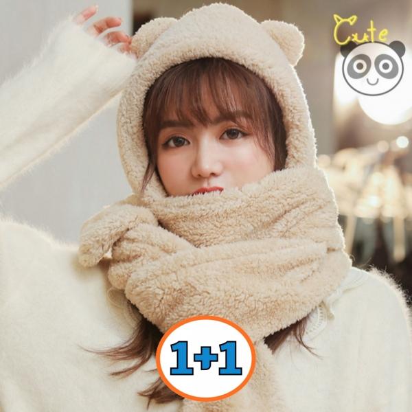 1+1 여성 겨울 방한 후드 목도리 일체형 장갑 뽀글이