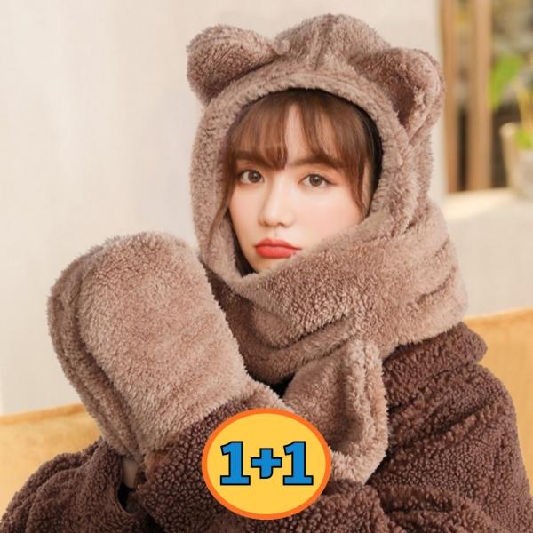 1+1 여성 겨울 목도리 후드 일체형 장갑 곰돌이 목도리
