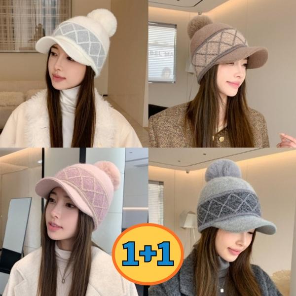 1+1 여자 겨울 토끼털 방울 털모자 방한 골프 모자