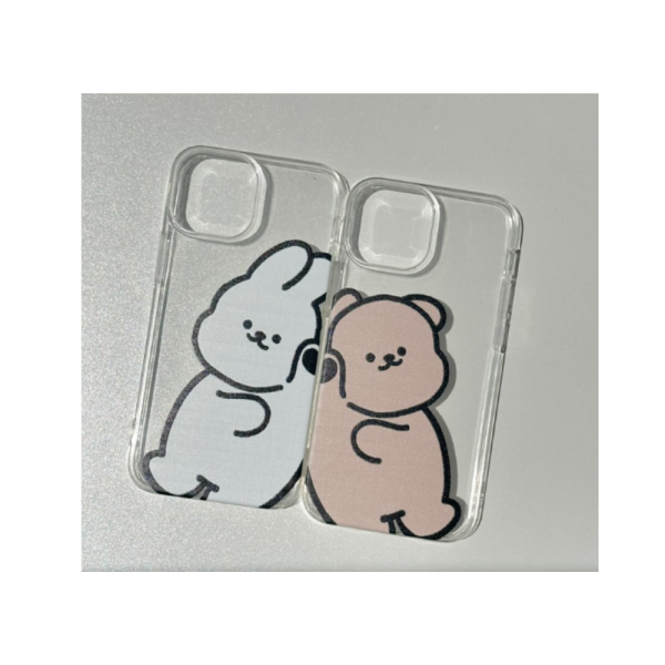 [반품불가]16 프로(iPhone 16 PRO) 기대는 토끼 곰 커플 투명 케이스