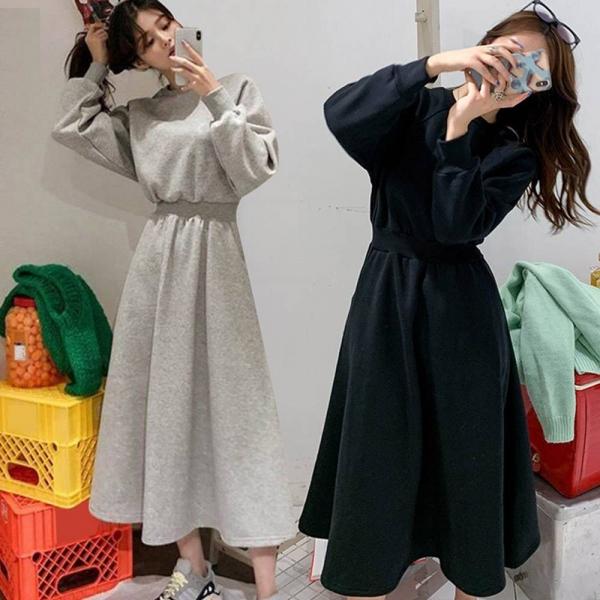 허리밴딩 원피스여성 겨울가을 롱 몸매 라인 캐주얼 면