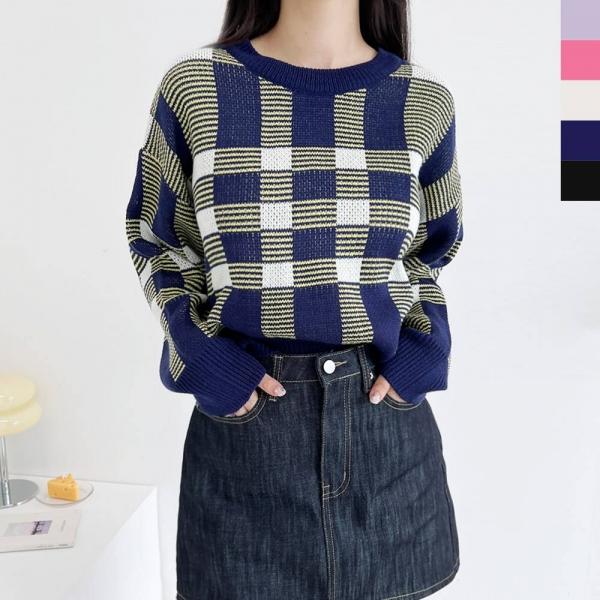 CAT 1014 여자체크믹스니트맨투맨