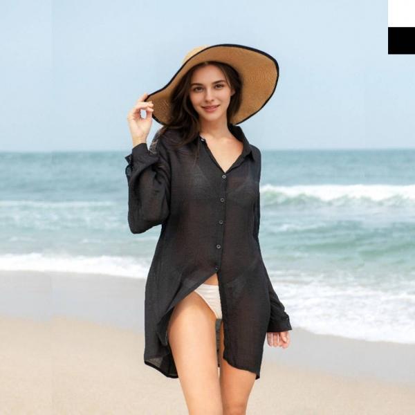 KAA 9001 여자 여름 커버업 비치웨어 시스루 긴팔 롱셔츠 드레스