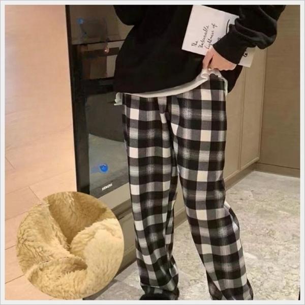 따뜻한 일자 겨울 기모 와이드핏 바지 체크무늬