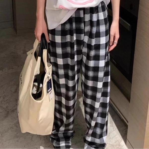 와이드핏 방한 겨울 일자 기모 팬츠 바지 체크무늬