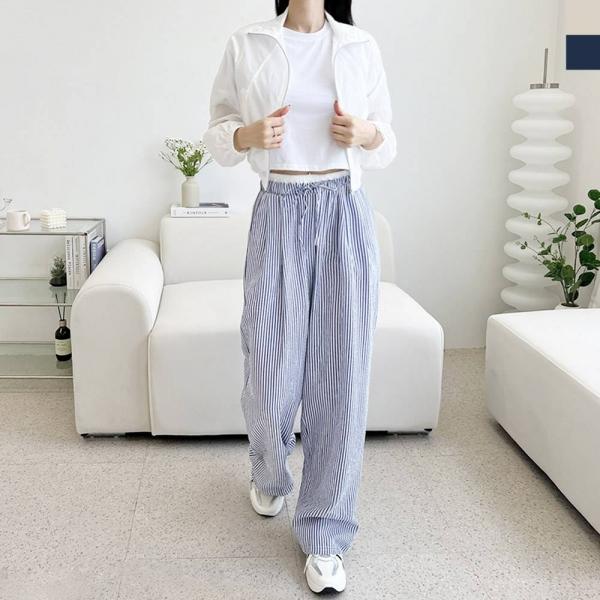 ACC SS1018W 여자 시어서커 코튼 스트라이프 팬츠 와이드 배색 밴딩 바지