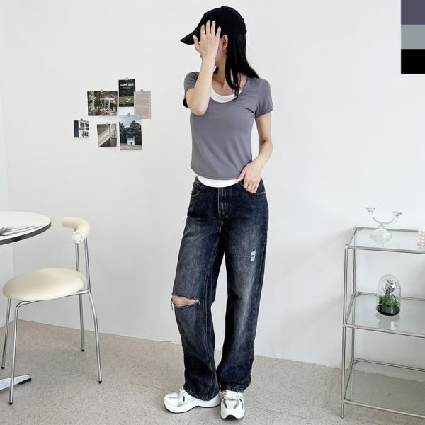 ACC SS1014W 여자 배색 레이어드 스쿱넥 반팔 티셔츠