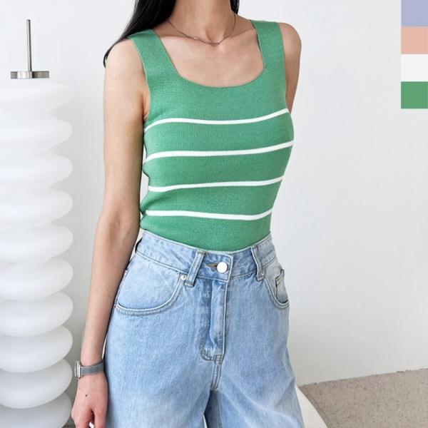 2L-PPT 1035 여자스퀘어넥 스트라이프 민소매나시니트