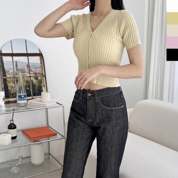 2L-PPT 1023 여자 슬림 골지버튼 반팔크롭니트