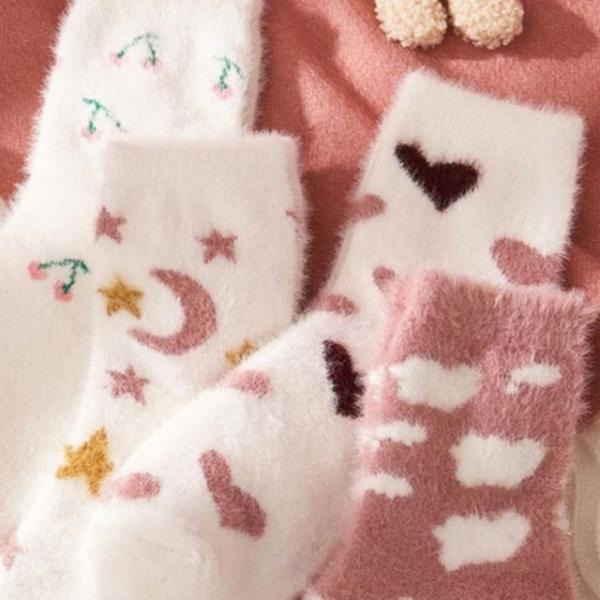 겨울 보슬 폭신 편안 극세사 보온 여성 수면 양말 5타