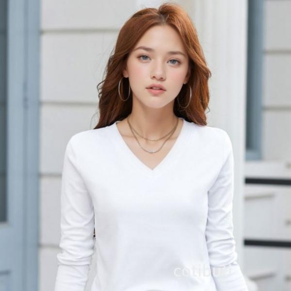 코티부티 무지 브이넥 여성 겨울 티셔츠 면티