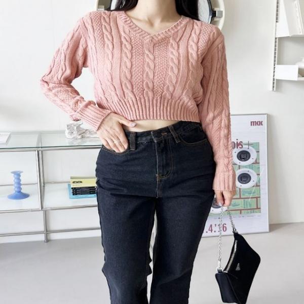 여성 5컬러 브이넥 버킷 크롭기장 꽈배기니트 스웨터