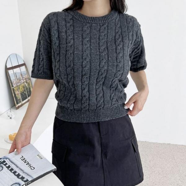 여성 2컬러 러블리 데이트룩 꽈배기 반팔 니트 스웨터