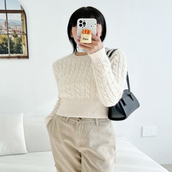 여성 4컬러 러블리 데이트룩 부클 크롭 케이블 니트티