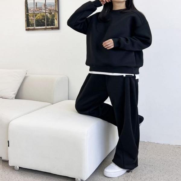 여성 겨울 양털 맨투맨 스냅 와이드핏 기모팬츠 세트