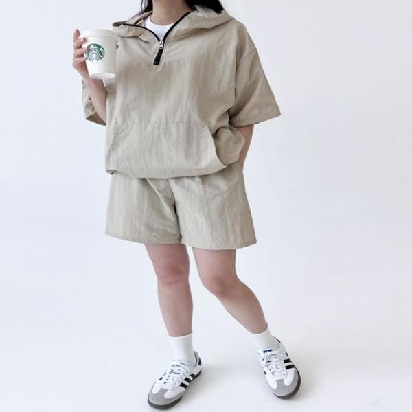 여성 3컬러 여름 후드 집업 반팔 아노락 반바지 셋업