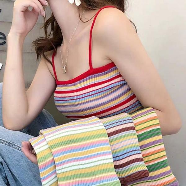 레인보우 끈나시 여성 여름 민소매 크롭 탑 나시티