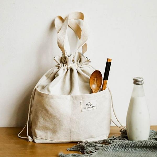 끈조임 캔버스 도시락 가방 보온보냉백