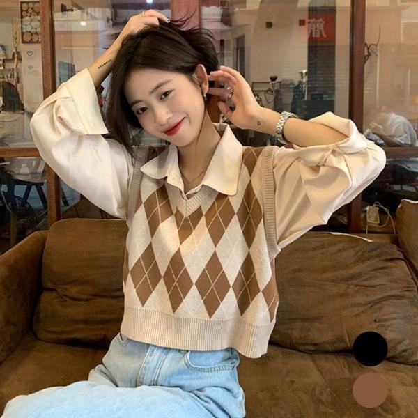 아가일 패턴 짧은 숏 기장 여성 니트 조끼 베스트