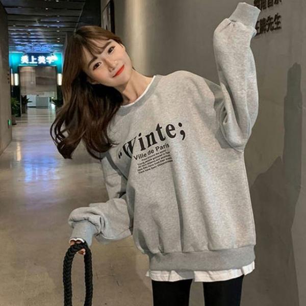 Winte 레이어드 루즈핏 여성 여자 그레이 기모 맨투맨