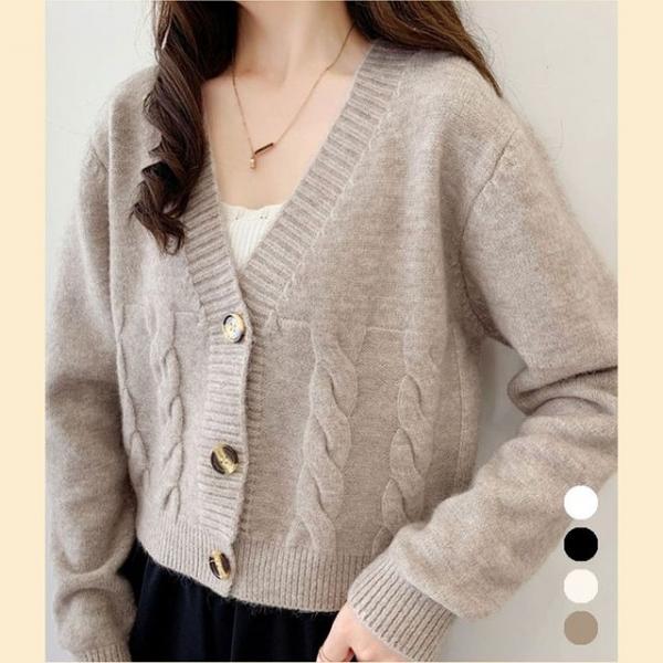 여성 꽈배기 크롬 미니 니트 브이넥 가디건 카디건